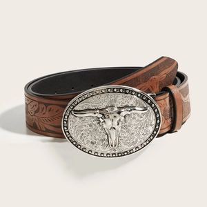 Western Cowboy Vintage Embossed PU Leather Belt For Men Relief Bull Head Buckle Retro Fashion Decorative Waist Belt Brown