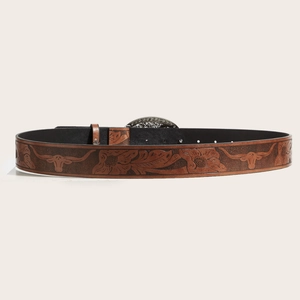 Western vintage brown leather belt with embossed longhorn buckle and floral patterns