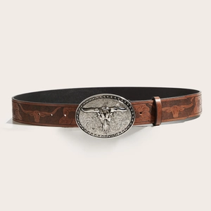Brown western cowboy PU leather belt featuring embossed bull skull and floral metal buckle