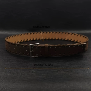 Detail view of 3.8cm wide dark brown leather belt with woven edges and silver buckle