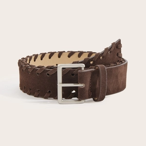 Vintage brown suede belt for women with hand-woven braided edges and silver buckle