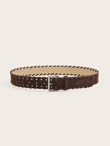 Close-up of brown suede belt featuring vintage square buckle and woven stitching detail