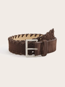 Close-up of dark brown suede belt featuring handmade woven edges and silver metal buckle