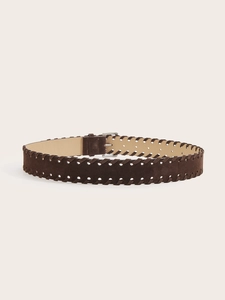 Detail of dark brown suede belt featuring whipstitch edges and silver metal square buckle