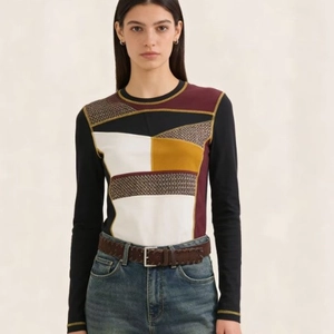Women's slim fit long sleeve knit top featuring geometric color patchwork and gold stitching