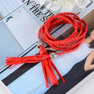 Women Fashion Hand Woven PU Leather Waist Rope Thin Braided Belt With Tassel Bohemian Style Adjustable Knot Waist Chain