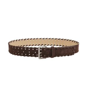 Vintage dark brown suede belt with woven edges and silver square buckle for jeans