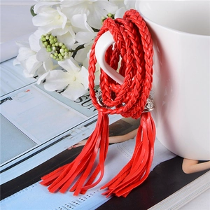 Handmade red braided waist rope belt with stylish tassels and metal ring buckle