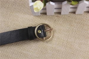 Classic black leather belt with golden round metal buckle for women denim jeans accessory
