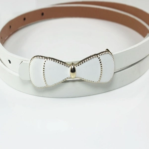 Elegant white patent leather bow belt for women dresses with gold-edged butterfly buckle