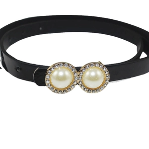Women's Skinny PU Leather Belt With Artificial Pearl Rhinestone Double Round Plate Buckle Elegant Waist Strap