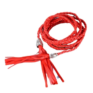 Handmade red braided waist rope belt for women featuring decorative tassel ends and silver buckle
