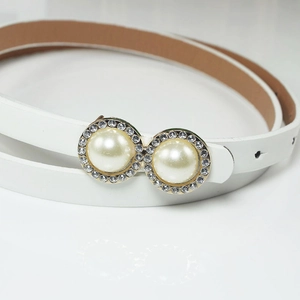 Slim white patent leather belt for women with elegant pearl and rhinestone buckle