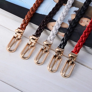 Women Fashion Woven Belt PU Leather Skinny Waist Band With Gold Metal Needle Buckle For Dress Sweater Casual Accessory
