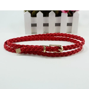 Thin red woven waist belt for women with elegant golden U-shaped metal pin buckle