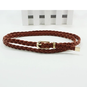 Women's slim braided waist belt in dark brown with elegant gold-tone pin buckle
