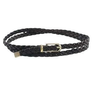 Classic dark brown woven waist belt with a polished gold pin buckle for women