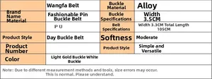 Detailed size chart for women PU belt featuring square alloy buckle width 3.5cm and length 105cm