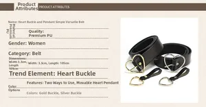 Detailed view of women's PU leather belt with silver heart buckle and hanging charm