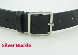 Close-up of black leather belt with silver square metal buckle and fine grain texture