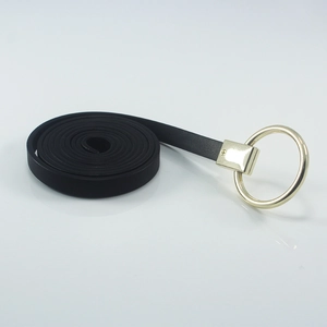 Ceinture fine en cuir noir pour robes avec une boucle ronde dorée sur fond gris clair
