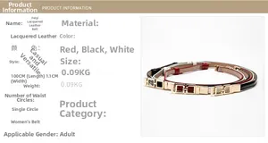 Detailed product size guide for thin patent leather waist belts in red, black, and white