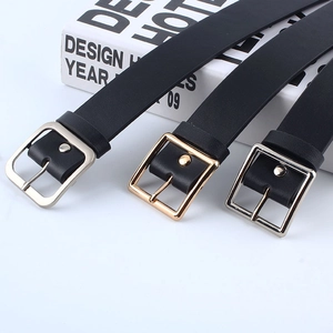 Korean Fashion Women's Black PU Leather Belt With Gold Silver Round Square Buckle Casual Jeans Waist Belt For Women