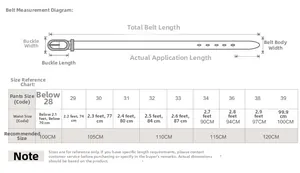 Size chart showing belt length and waist measurements from 70cm to 100cm for various pant sizes