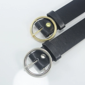 Classic black leather belts with round gold and silver metal buckles for women's jeans