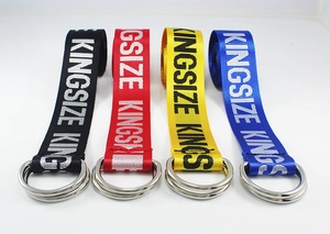 Detail of colorful nylon canvas belts with double D-ring buckles and letter printing