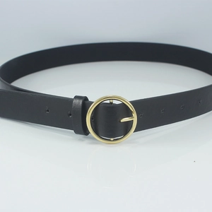 Classic black slim leather belt for women with elegant round golden metal buckle