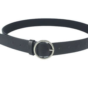 Classic black leather belt for women featuring a minimalist silver round metal buckle