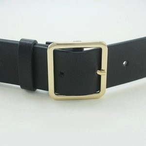 Minimalist black leather belt with a classic square golden metal buckle for women