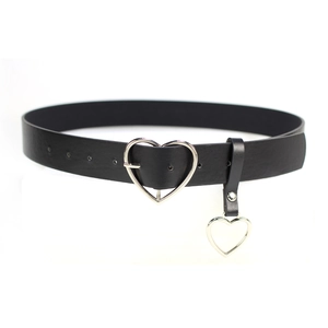 Minimalist black leather belt for women featuring a silver heart buckle and heart pendant