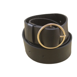 Classic black leather belt with a polished gold circular buckle for women's jeans