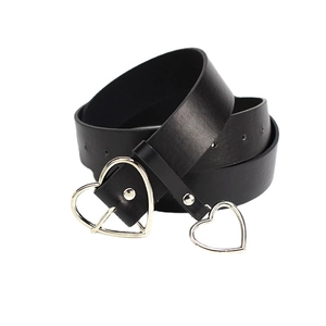 Black leather belt for women featuring a stylish double heart silver metal buckle closure