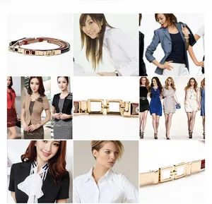 Detail of candy color patent leather skinny belt with golden geometric square buckles