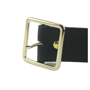 Minimalist black leather belt for women featuring a polished square golden metal buckle