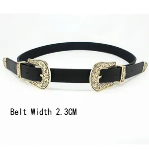 Women's Vintage PU Leather Double Buckle Belt Western Cowboy Floral Carved Waist Cincher For Jeans Casual Fashion Accessory