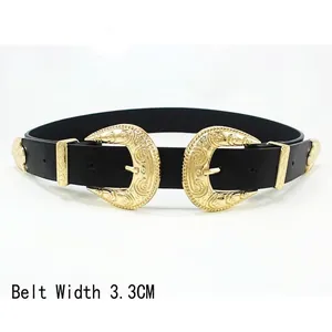 Vintage carved double-buckle black leather belt with gold floral engraving 3.3cm wide