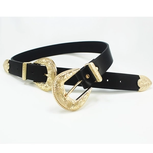 Vintage black leather belt for women with ornate gold double buckles and floral engraving