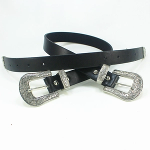 Vintage western black leather belt with ornate dual silver flower engraved buckles