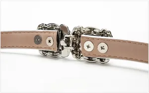 Detail of thin apricot leather belt with vintage silver hollow-out metal buckle and stitching