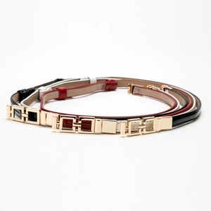 Women Simple Fashion PU Patent Leather Thin Belt Candy Color Decorative Waistband With Gold Metal Interlocking Buckle Skinny Belt