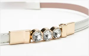 Detailed macro view of glossy white belt with gold buckle and sparkling rhinestones