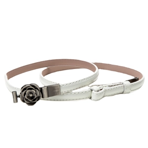 Minimalist white leather skinny belt for women with a vintage grey metal rose flower buckle