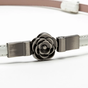 Minimalist white leather skinny belt for women with camellia floral metal buckle
