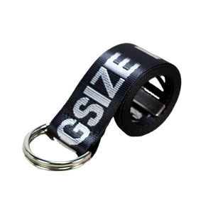 Black nylon canvas belt with white GSIZE lettering and silver metal double D-ring buckle
