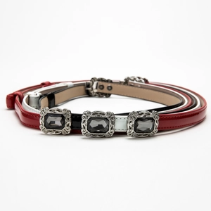 Women Elegant PU Leather Thin Belt Vintage Rhinestone Interlocking Buckle Adjustable Waistband For Dresses No Hole Belt