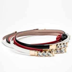 Women Elegant Thin PU Leather Belt Gold Rhinestone Buckle Skinny Fashion Decorative Waistband Red Black White